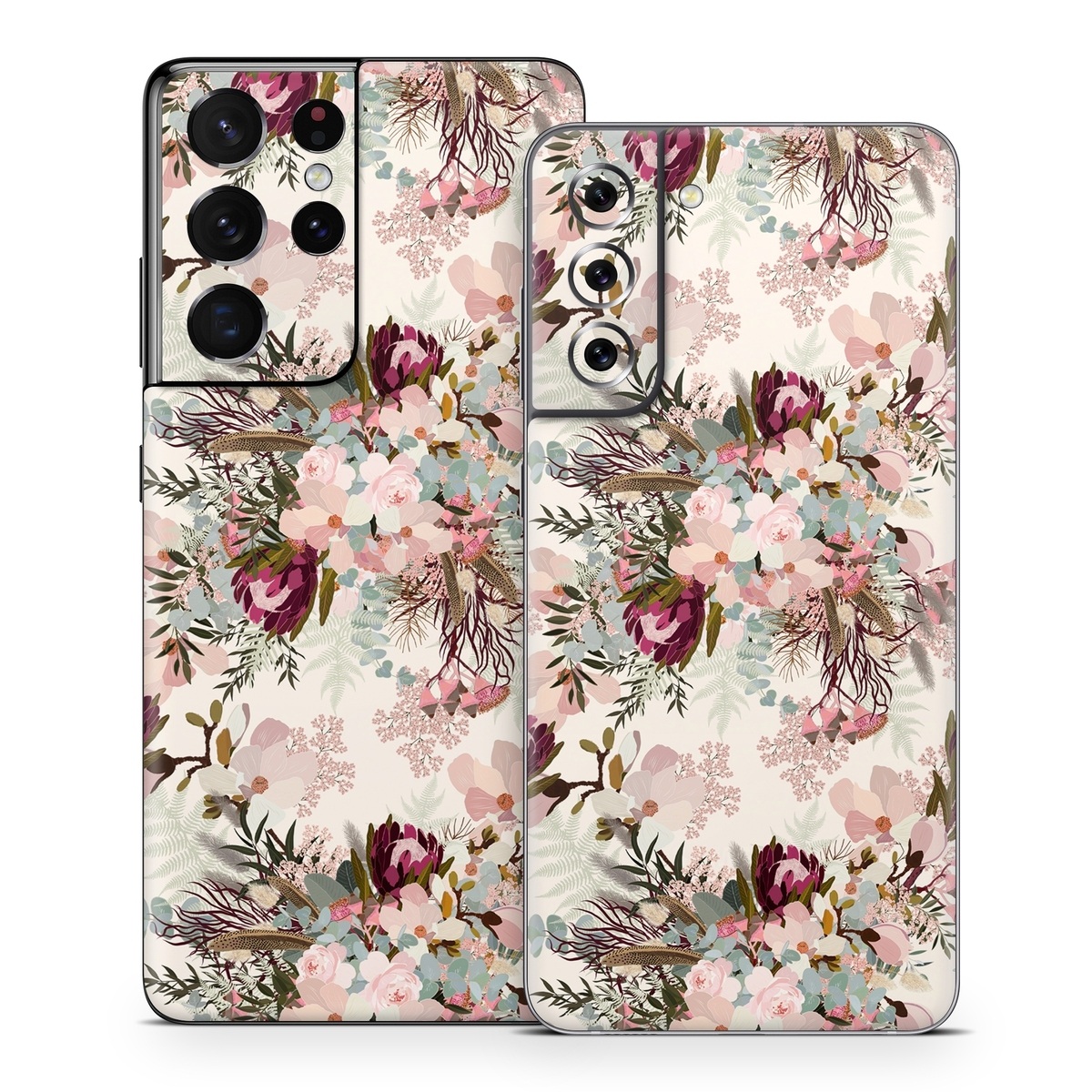 Samsung Galaxy S21 Series Skin design of Pink, Pattern, Lilac, Flower, Plant, Petal, Floral design, Textile, Design, Blossom, with white, red, pink, blue, brown colors