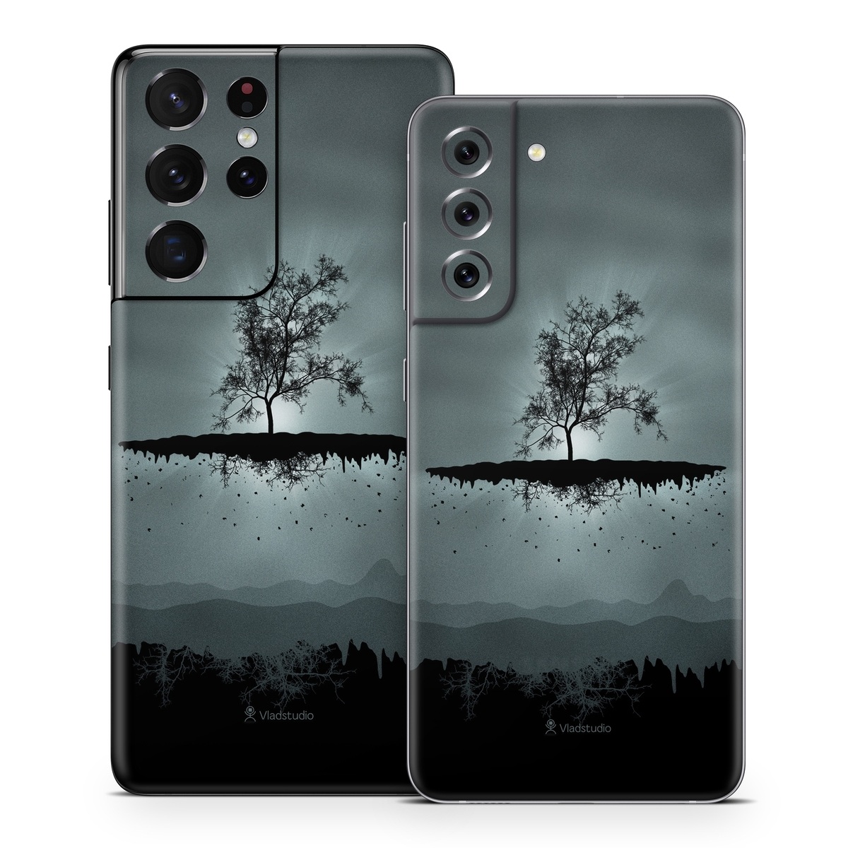 Samsung Galaxy S21 Series Skin design of Reflection, Sky, Nature, Water, Black, Tree, Black-and-white, Monochrome photography, Natural landscape, Atmospheric phenomenon, with black, gray, blue colors