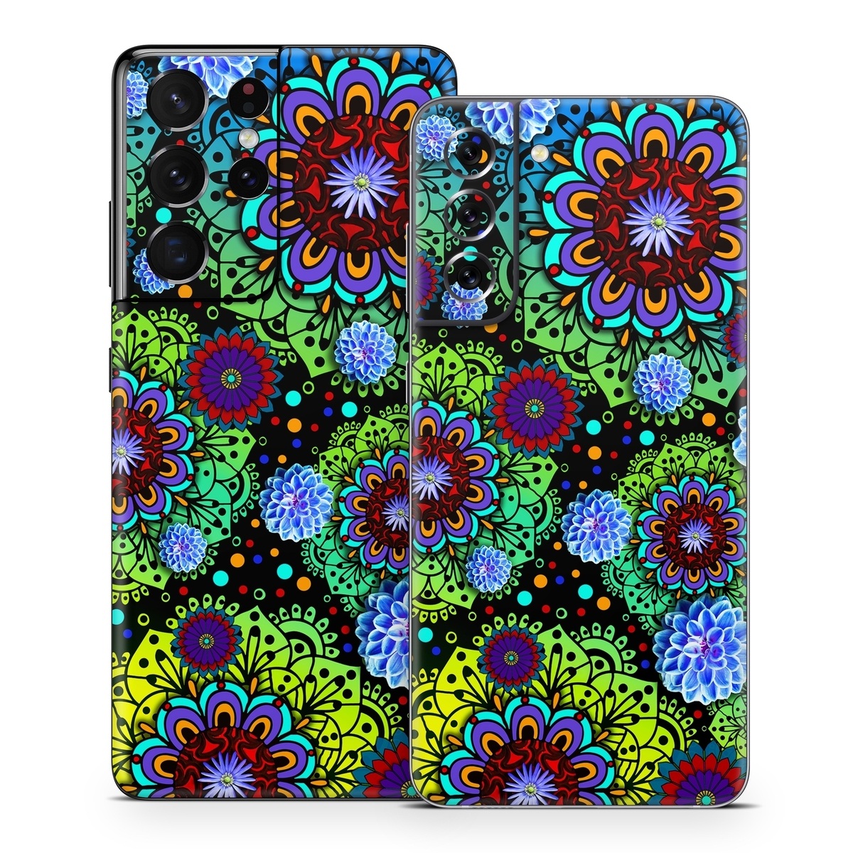 Samsung Galaxy S21 Series Skin design of Pattern, Psychedelic art, Design, Flower, Art, Visual arts, Floral design, Plant, Textile, Symmetry, with black, blue, green, purple colors