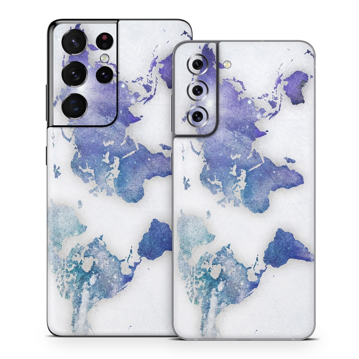 Samsung Galaxy S21 Series Skin design of World, Map, Watercolor paint, Illustration, with white, blue, purple colors