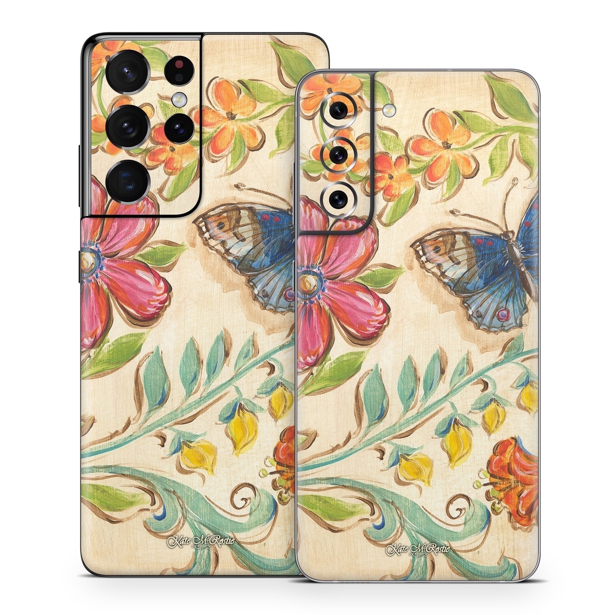 Samsung Galaxy S21 Series Skin design of Butterfly, Moths and butterflies, Insect, Pollinator, Plant, Pattern, Watercolor paint, Wildflower, Visual arts, Brush-footed butterfly, with gray, pink, green, red, orange, blue colors