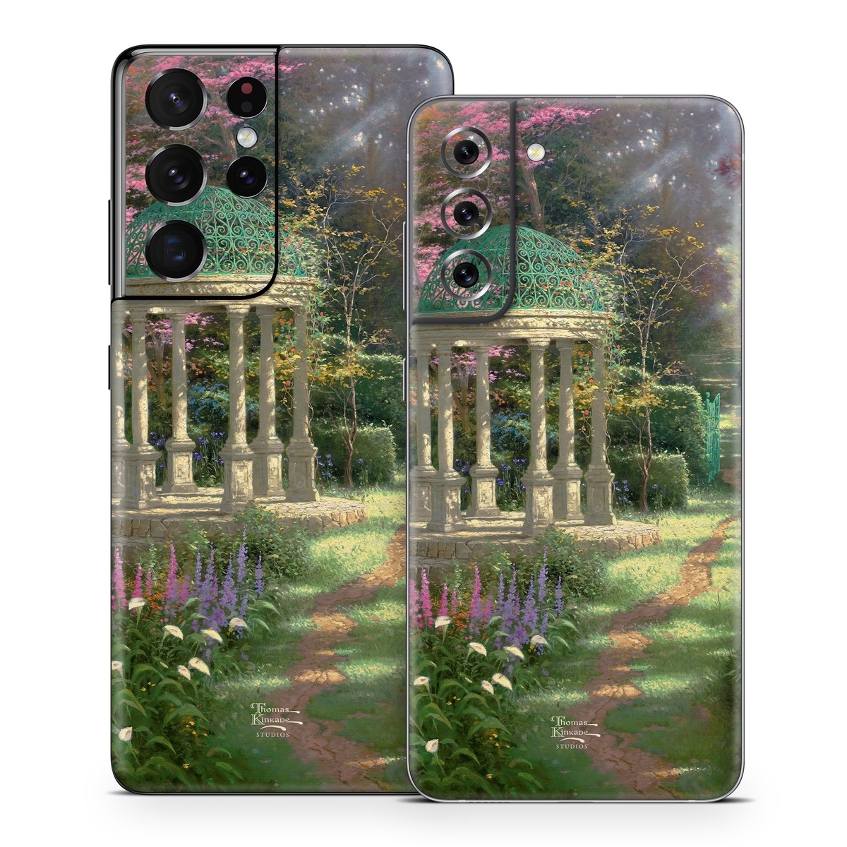 Samsung Galaxy S21 Series Skin design of Nature, Natural landscape, Tree, Botany, Water, Garden, Gazebo, Spring, Plant, Reflection, with black, gray, green, red, purple colors