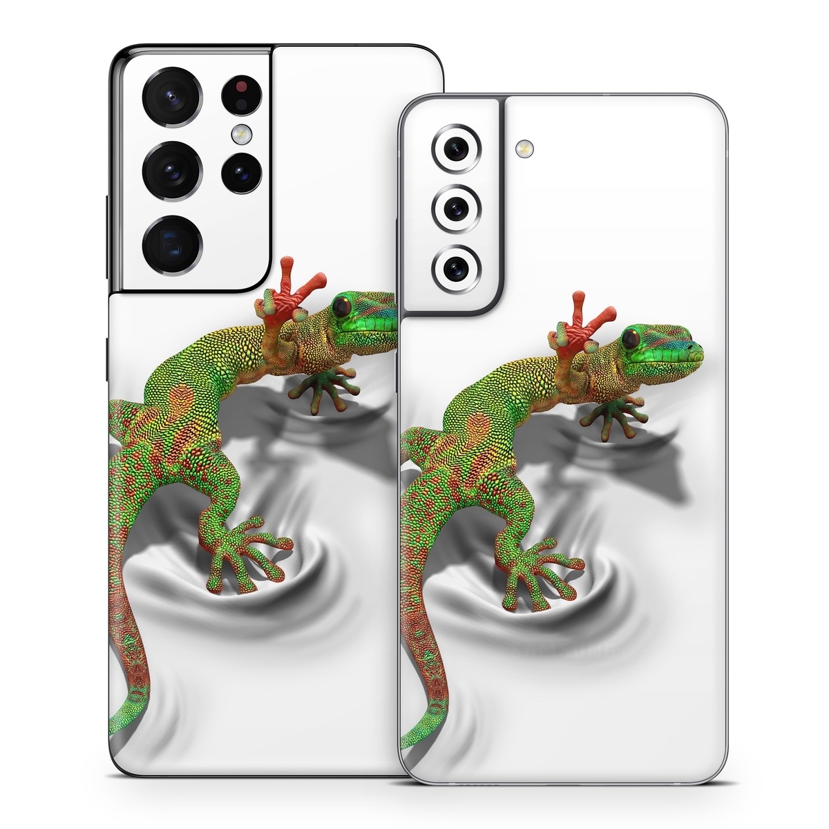 Samsung Galaxy S21 Series Skin design of Lizard, Reptile, Gecko, Scaled reptile, Green, Iguania, Animal figure, Wall lizard, Fictional character, Iguanidae, with white, gray, black, red, green colors