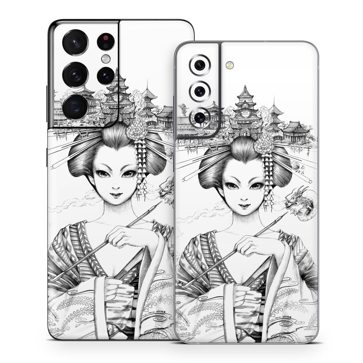 Samsung Galaxy S21 Series Skin design of Illustration, Head, Hairstyle, Line art, Art, Fashion illustration, Drawing, Coloring book, Black-and-white, Clip art, with black, white, gray colors