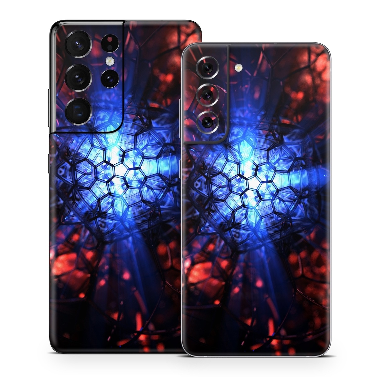 Samsung Galaxy S21 Series Skin design of Blue, Fractal art, Red, Light, Pattern, Lighting, Art, Kaleidoscope, Design, Psychedelic art, with black, blue, red colors