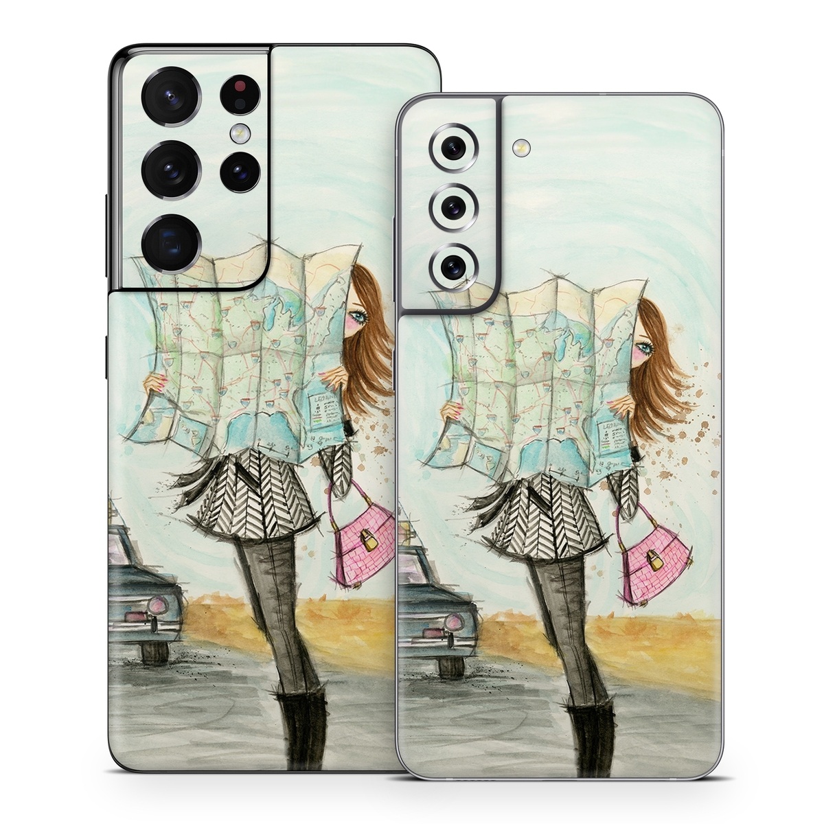 Samsung Galaxy S21 Series Skin design of Fashion illustration, Sketch, Watercolor paint, Illustration, Drawing, Art, Footwear, Vehicle, Painting, Fashion design, with blue, black, gray, white, pink, brown, green, orange, yellow colors