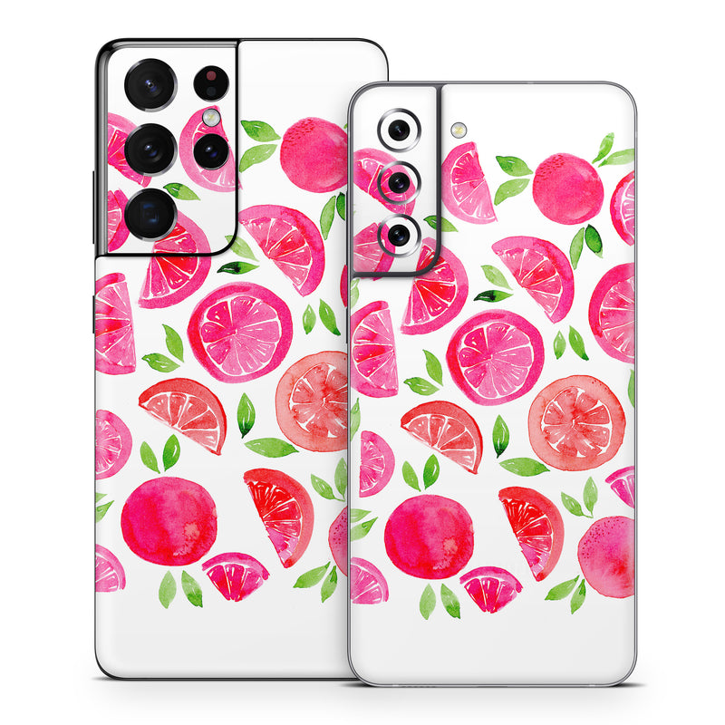 Samsung Galaxy S21 Series Skin design of Food, Plant, Fruit, Botany, Natural foods, Seedless fruit, Ingredient, Red, Font, Citrus, with pink, green, red, white colors