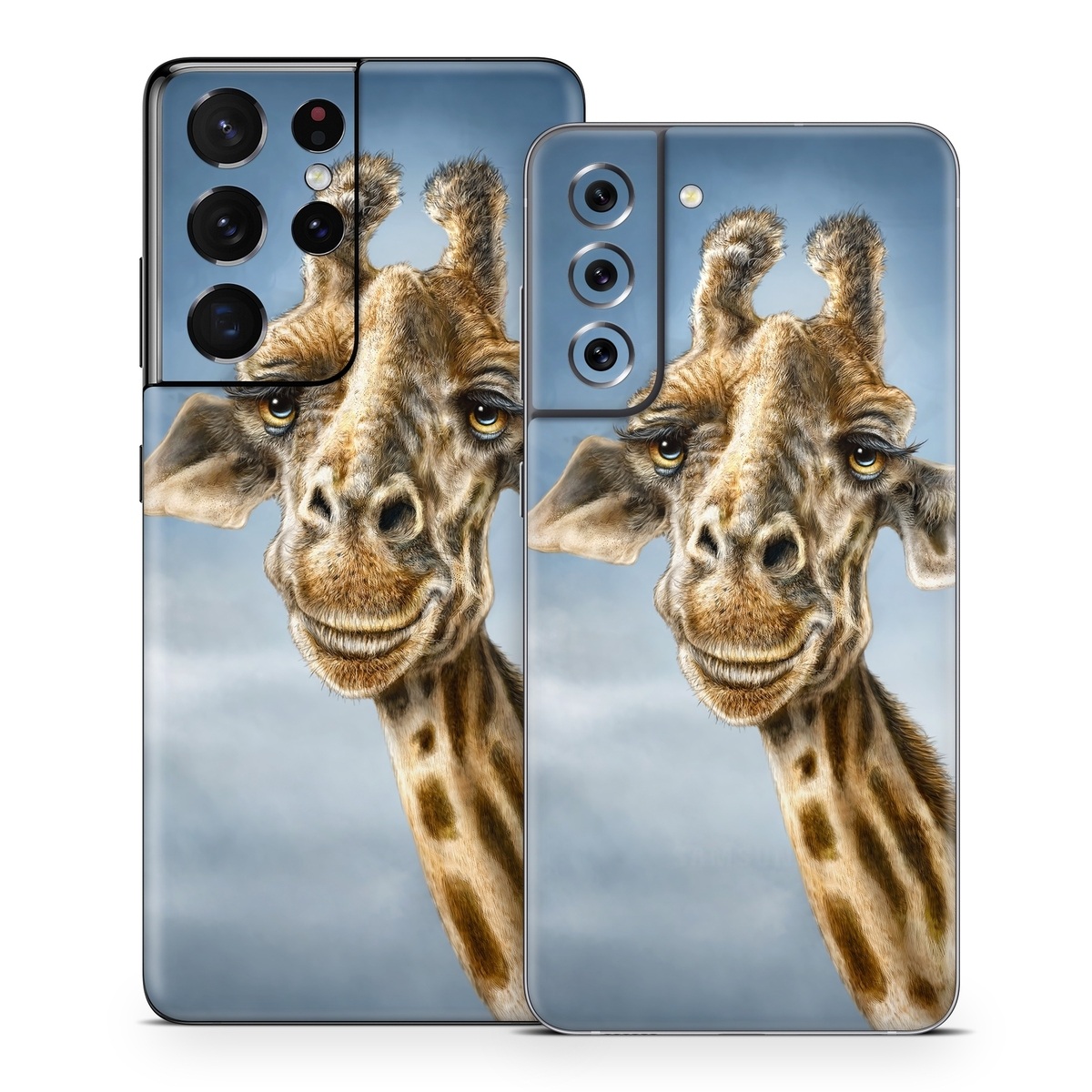 Samsung Galaxy S21 Series Skin design of Giraffe, Giraffidae, Terrestrial animal, Wildlife, Head, Snout, Organism, Adaptation, Close-up, Neck, with gray, black, blue, green colors