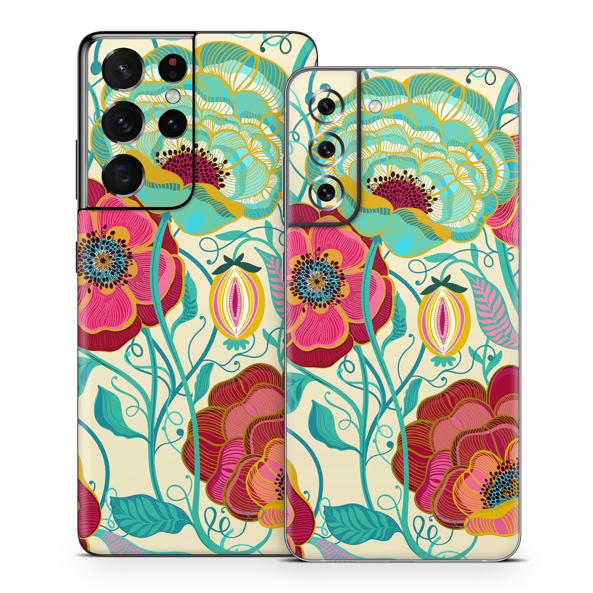 Samsung Galaxy S21 Series Skin design of Plant, Botany, Textile, Pink, Creative arts, Petal, Magenta, Art, Pattern, Rectangle, with white, red, pink, yellow, green, blue, black colors