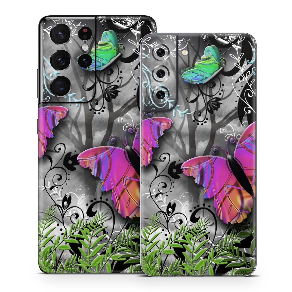 Samsung Galaxy S21 Series Skin design of Butterfly, Pink, Purple, Violet, Organism, Spring, Moths and butterflies, Botany, Plant, Leaf, with black, gray, green, purple, red colors