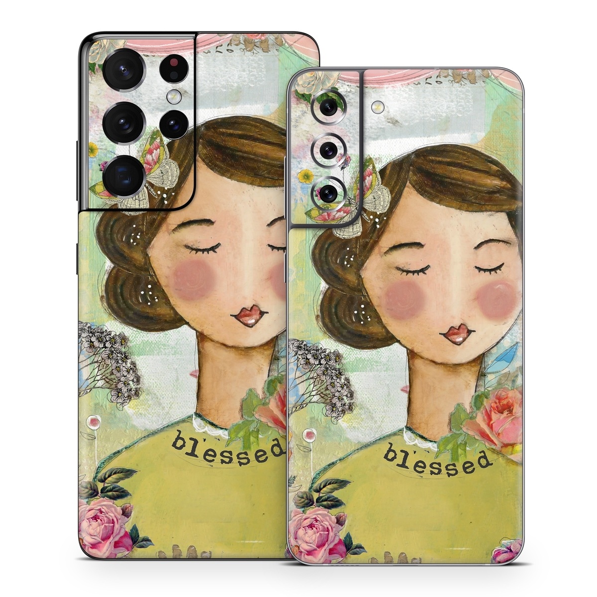 Samsung Galaxy S21 Series Skin design of Illustration, Cheek, Art, Watercolor paint, Retro style, Painting, Plant, Flower, Fashion illustration, Fictional character, with pink, green, yellow, white, red, blue colors