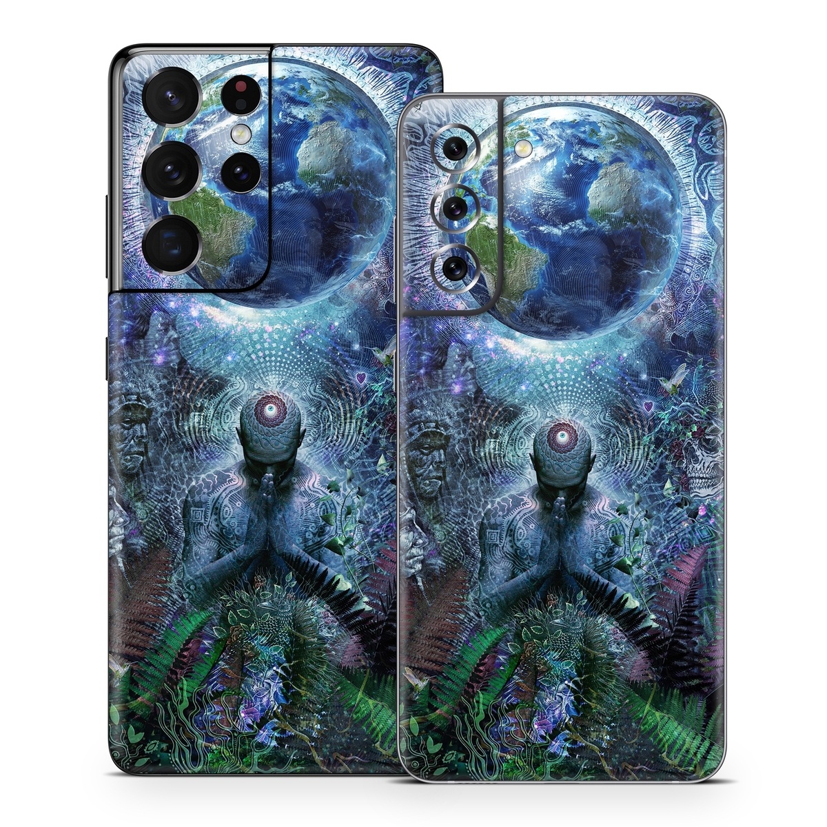 Samsung Galaxy S21 Series Skin design of Psychedelic art, Fractal art, Art, Space, Organism, Earth, Sphere, Graphic design, Circle, Graphics, with blue, green, gray, purple, pink, black, white colors