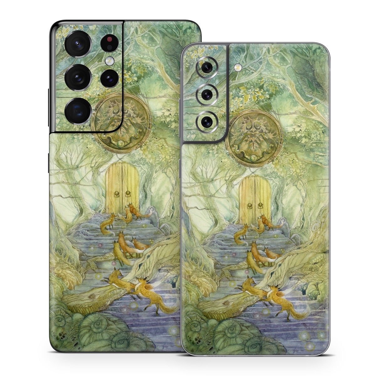 Samsung Galaxy S21 Series Skin design of Painting, Art, Mythology, Visual arts, Watercolor paint, Organism, Fictional character, Modern art, Landscape, Acrylic paint, with green, brown, red, yellow, blue, purple colors