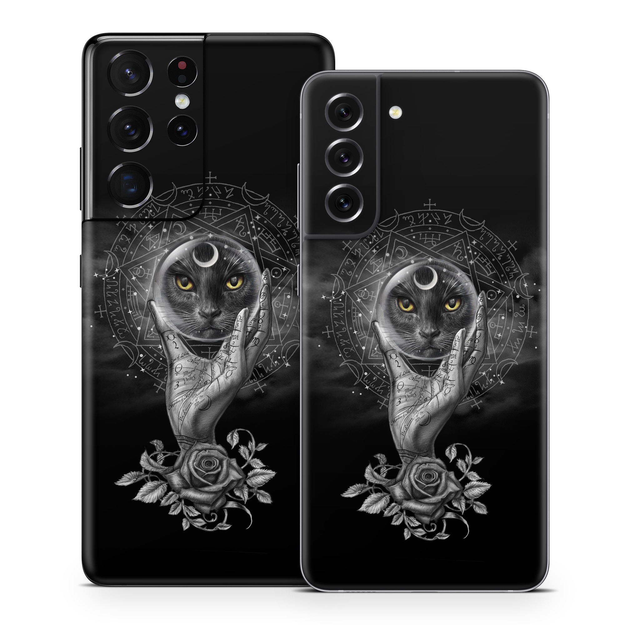 Samsung Galaxy S21 Series Skin design of Head, Eye, Flash photography, Painting, Headgear, Art, Font, Snout, Darkness, Owl, with black, white, gray colors