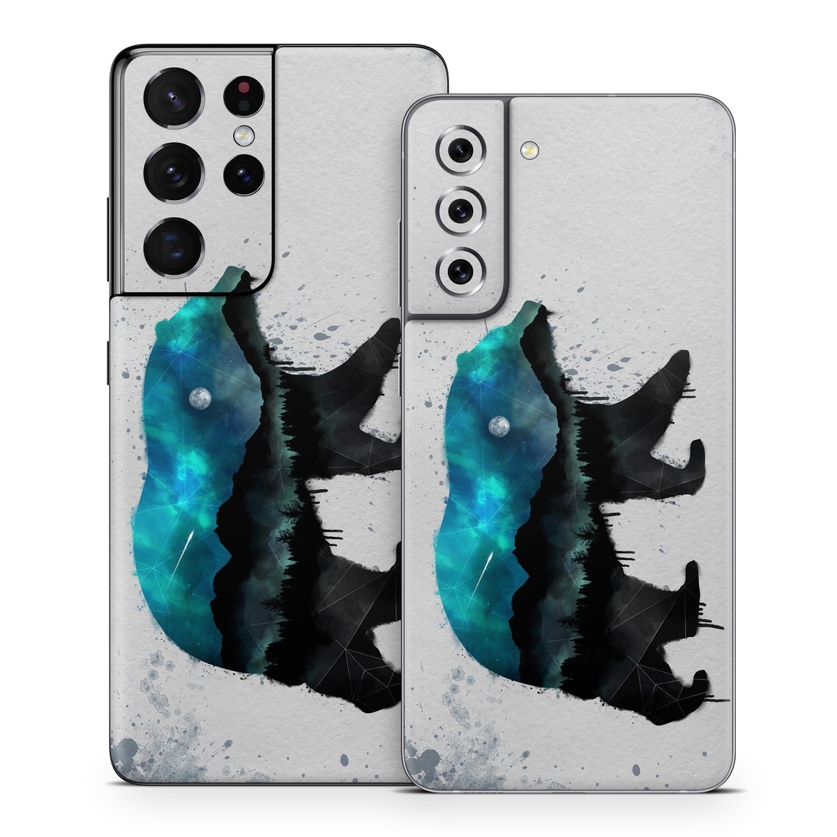 Samsung Galaxy S21 Series Skin design of Bear, Illustration, Grizzly bear, Art, Watercolor paint, Snout, Carnivore, Graphic design, Space, Polar bear, with gray, black, white, green, blue colors