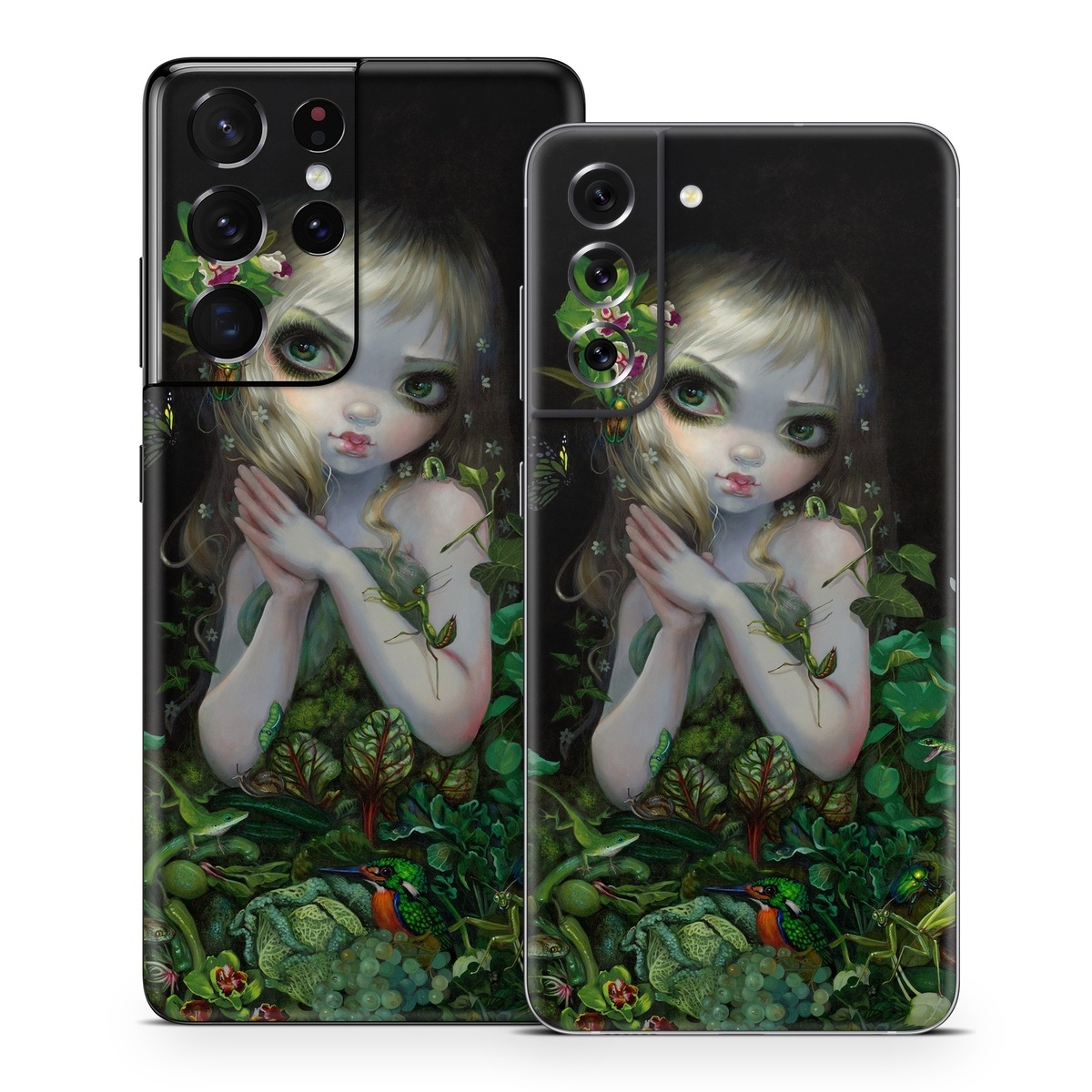 Samsung Galaxy S21 Series Skin design of Green, Doll, Fictional character, Lip, Plant, Supervillain, Flower, Illustration, Ivy, Fawn, with black, white, green, red colors