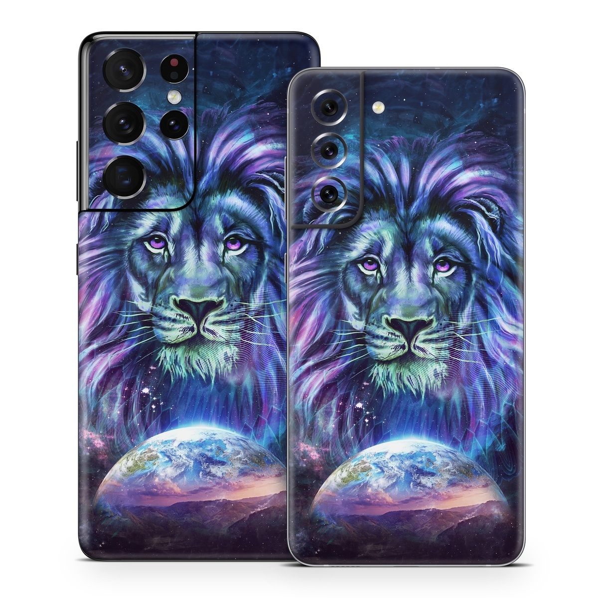Samsung Galaxy S21 Series Skin design of Lion, Felidae, Purple, Wildlife, Big cats, Illustration, Darkness, Space, Painting, Art, with purple, blue, green, black, white, red colors