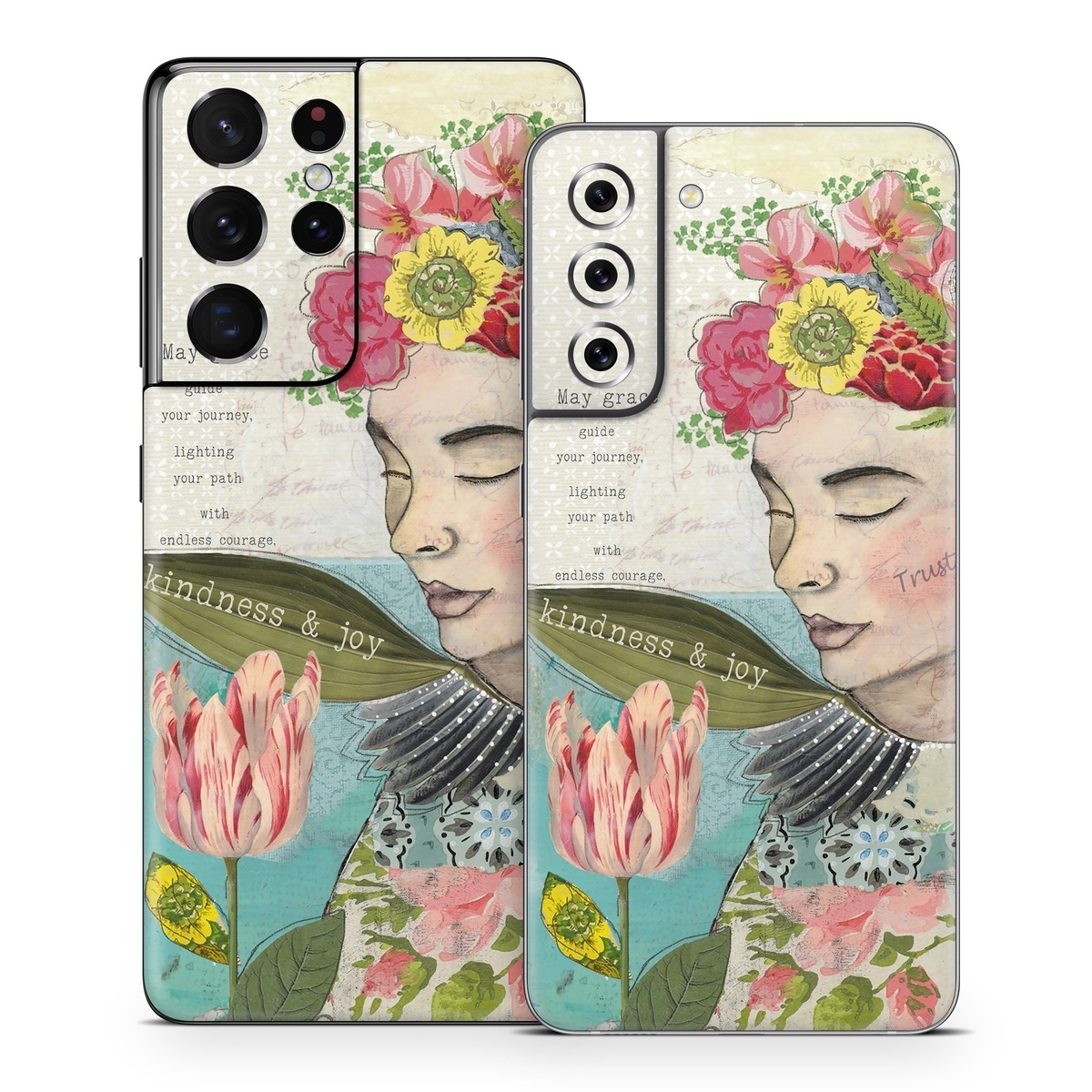 Samsung Galaxy S21 Series Skin design of Flower, Plant, Botany, Petal, Textile, Creative arts, Pink, Art, Painting, Poster, with blue, green, yellow, red, pink, white colors