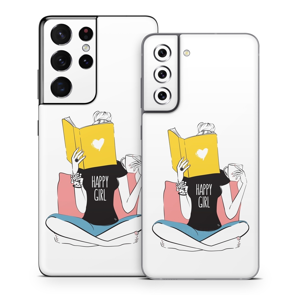 Samsung Galaxy S21 Series Skin design of White, Sleeve, Gesture, Cartoon, Comfort, Elbow, Font, Graphics, Knee, Art, with white, black, blue, pink, yellow colors