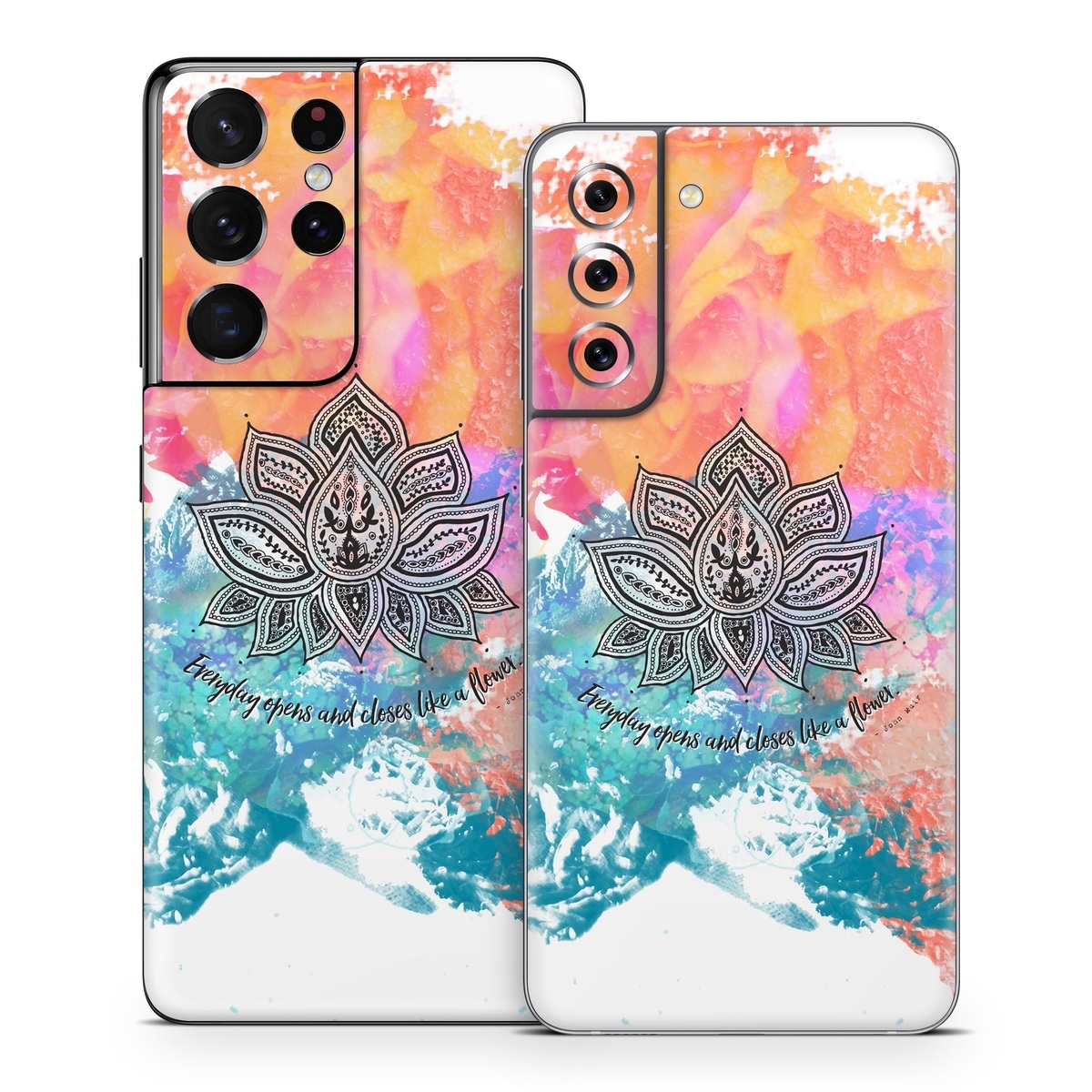 Samsung Galaxy S21 Series Skin design of Pink, Leaf, Pattern, Design, Graphic design, Illustration, Symmetry, Visual arts, Art, Plant, with orange, yellow, red, blue, green, black colors