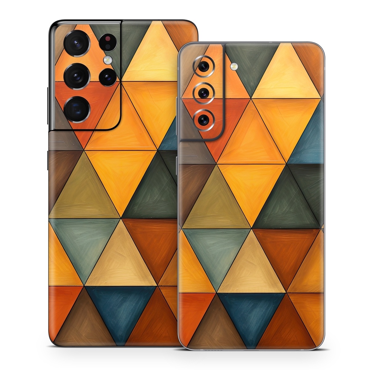 Samsung Galaxy S21 Series Skin design of Brown, Colorfulness, Rectangle, Azure, Amber, Orange, Triangle, Art, Flooring, Line, with yellow, orange, red, black, blue, brown colors
