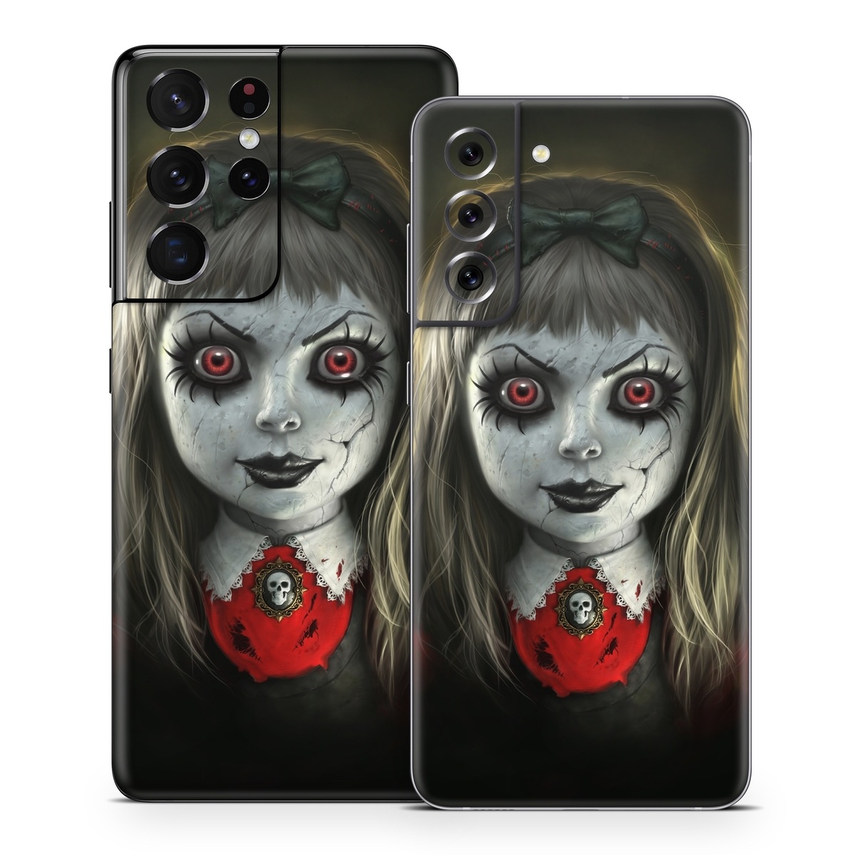 Samsung Galaxy S21 Series Skin design of Fiction, Illustration, Fictional character, Ghost, Darkness, Vampire, Goth subculture, Zombie, Art, Skull, with white, red, black, yellow colors