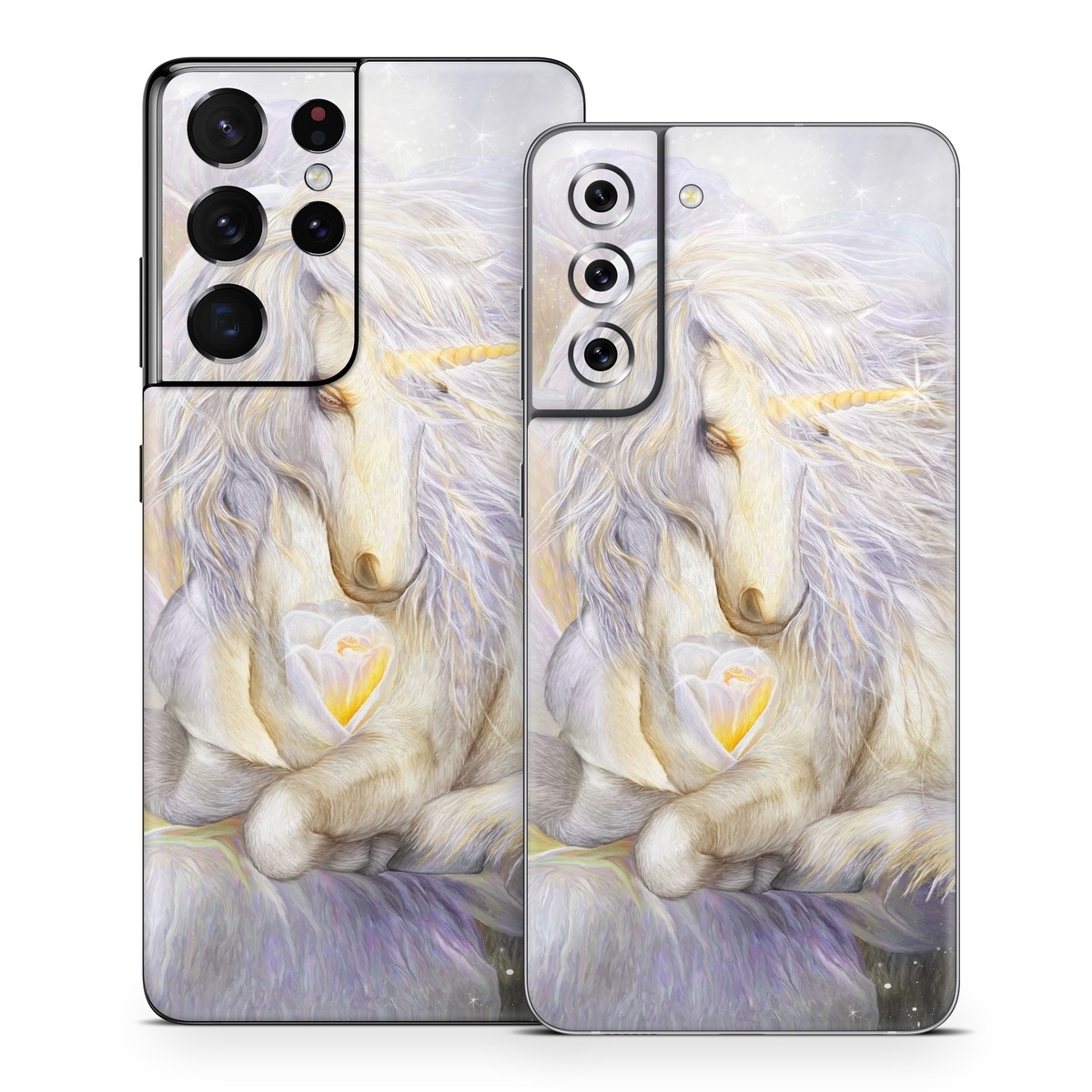 Samsung Galaxy S21 Series Skin design of Fictional character, Mythical creature, Unicorn, Sky, Mythology, Supernatural creature, Illustration, with gray, black, green, pink, blue colors