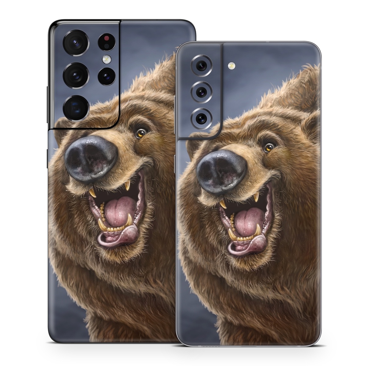 Samsung Galaxy S21 Series Skin design of Brown bear, Kodiak bear, Carnivore, Grizzly bear, Terrestrial animal, Snout, Bear, Whiskers, Fur, Fang, with brown, black, white, pink, gray colors