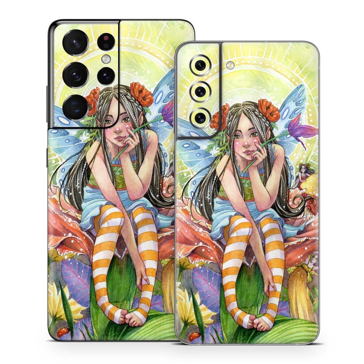 Samsung Galaxy S21 Series Skin design of Fictional character, Illustration, Art, Plant, Painting, Wildflower, Mythical creature, with gray, green, black, yellow, red colors