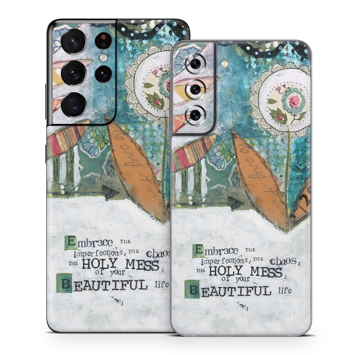 Samsung Galaxy S21 Series Skin design of Leaf, Font, Plant, Illustration, Art, with blue, white, green, red, orange, yellow colors