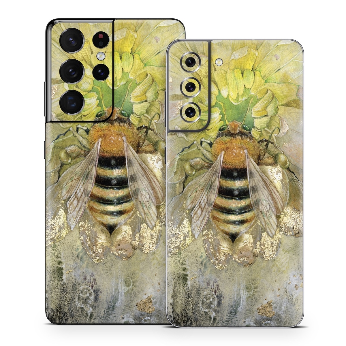 Samsung Galaxy S21 Series Skin design of Honeybee, Insect, Bee, Membrane-winged insect, Invertebrate, Pest, Watercolor paint, Pollinator, Illustration, Organism, with yellow, orange, black, green, gray, pink colors