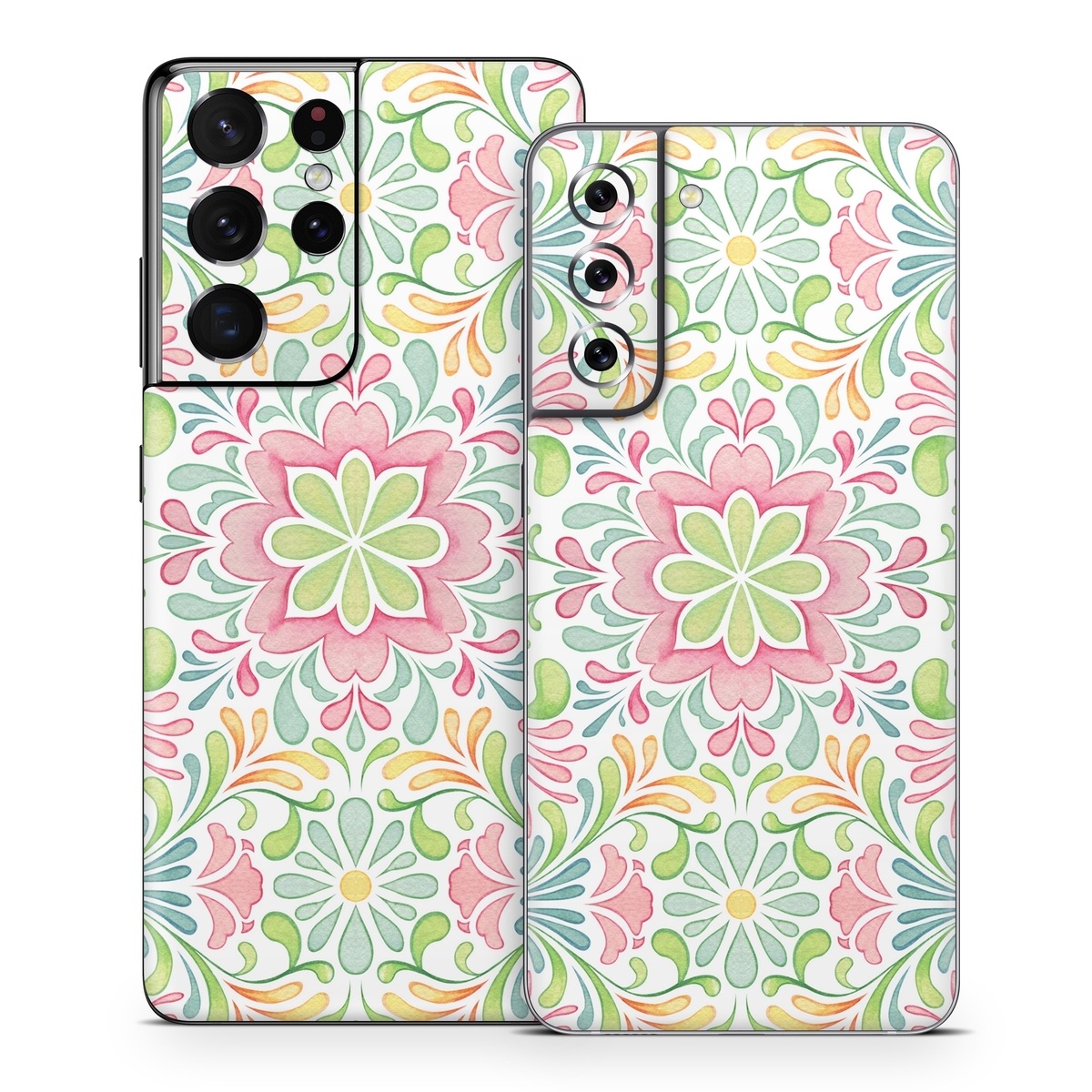 Samsung Galaxy S21 Series Skin design of Pattern, Pink, Visual arts, Design, Textile, Wrapping paper, Symmetry, Floral design, Motif, with gray, white, pink, green colors