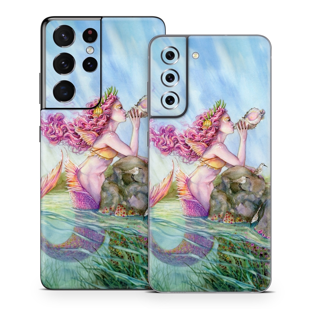 Samsung Galaxy S21 Series Skin design of Cg artwork, Mythology, Illustration, Fictional character, Watercolor paint, Art, Painting, Plant, Mythical creature, with blue, pink, purple, green, gray colors