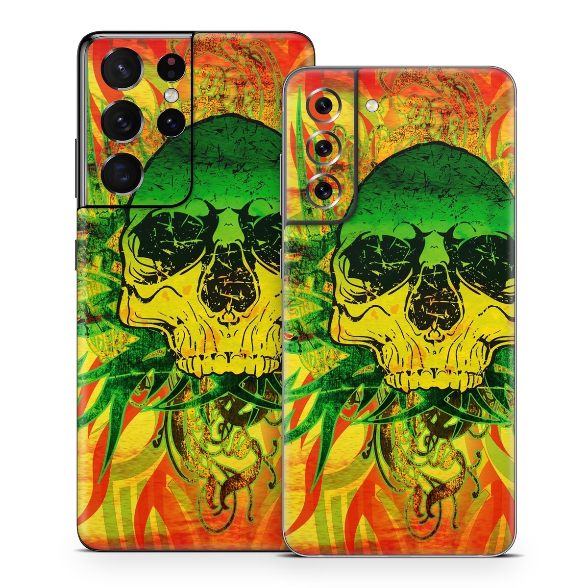 Samsung Galaxy S21 Series Skin design of Psychedelic art, Skull, Illustration, Bone, Art, Graphic design, Visual arts, Poster, Plant, Painting, with green, orange, black, red colors