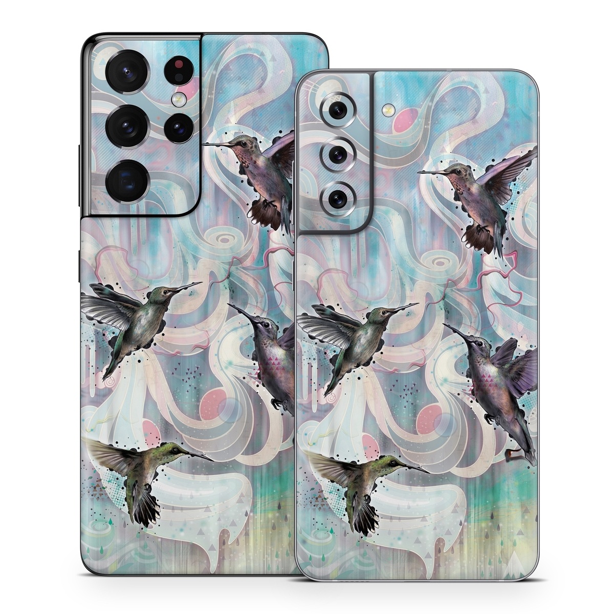Samsung Galaxy S21 Series Skin design of Bird, Watercolor paint, Illustration, Hummingbird, Painting, Art, Wing, Fictional character, Acrylic paint, Perching bird, with gray, blue, black colors