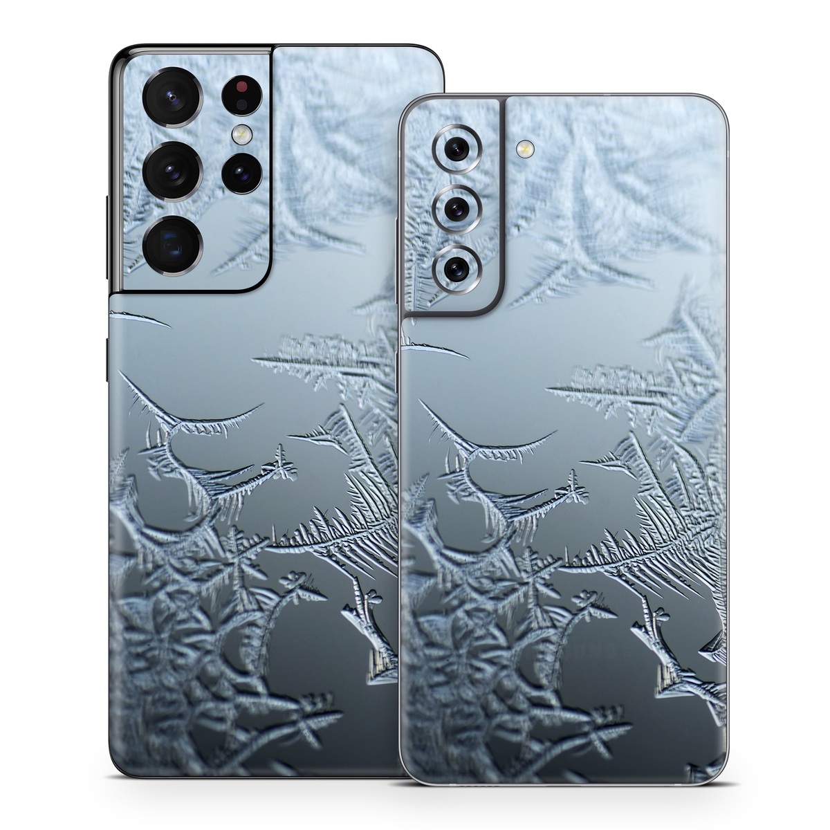 Samsung Galaxy S21 Series Skin design of Water, Frost, Freezing, Winter, Pattern, Ice, Sky, Atmosphere, Design, Reflection, with blue, gray, white, black colors
