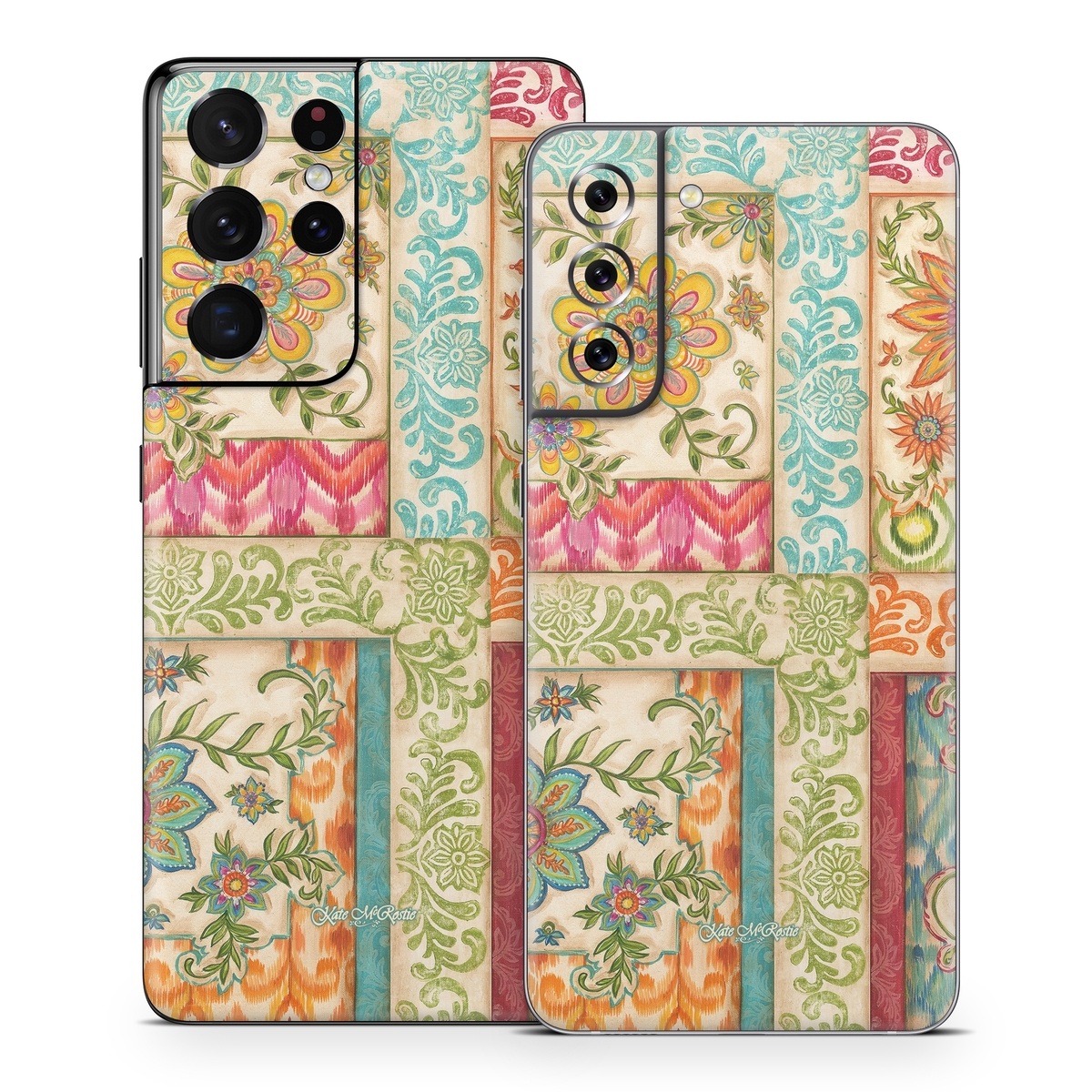 Samsung Galaxy S21 Series Skin design of Flower, Rectangle, Plant, Botany, Textile, Aqua, Art, Pattern, Symmetry, Motif, with red, orange, green, blue, pink, yellow colors