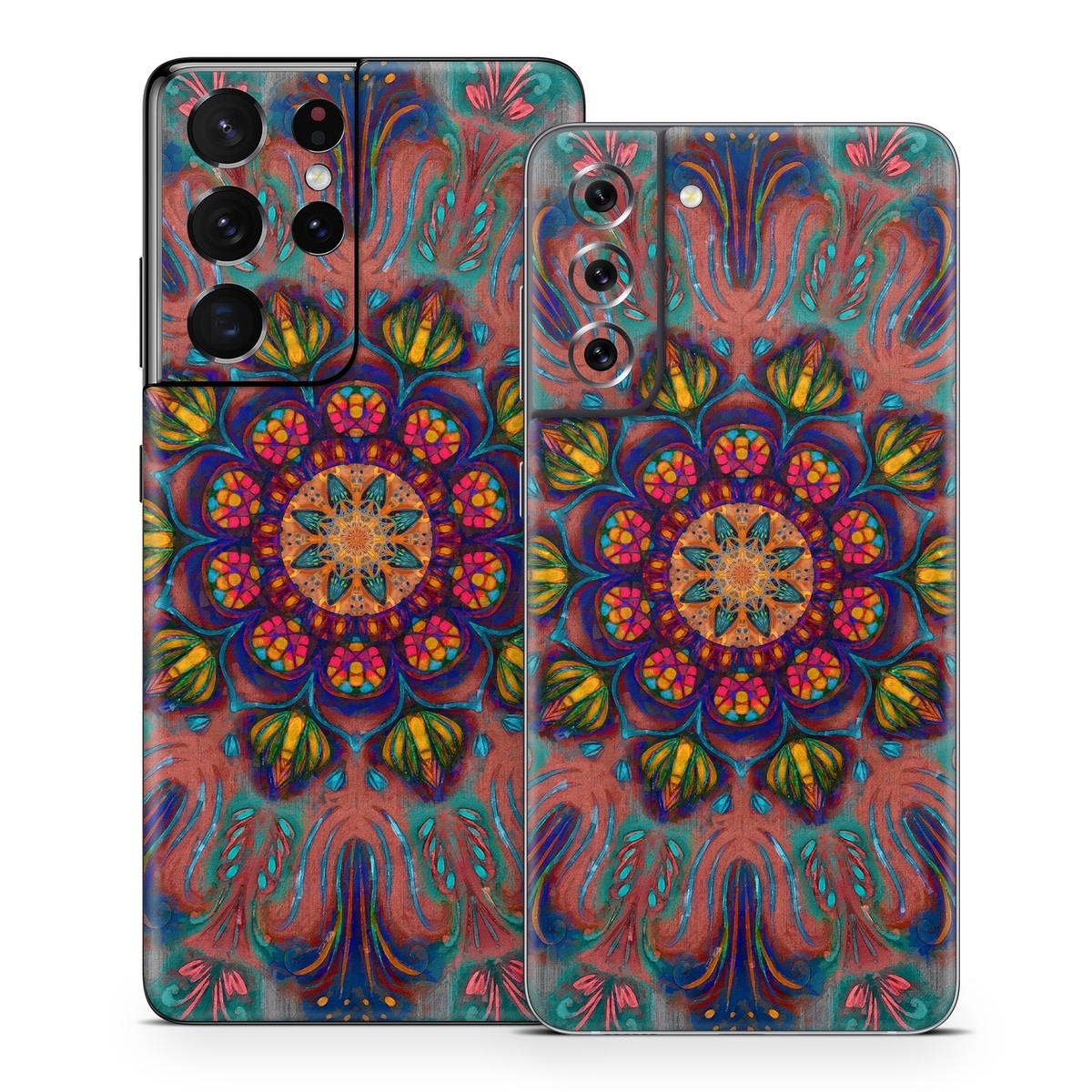 Samsung Galaxy S21 Series Skin design of Psychedelic art, Pattern, Art, Textile, Symmetry, Visual arts, Design, Fractal art, Kaleidoscope, Tapestry, with blue, yellow, red, green, pink, green colors