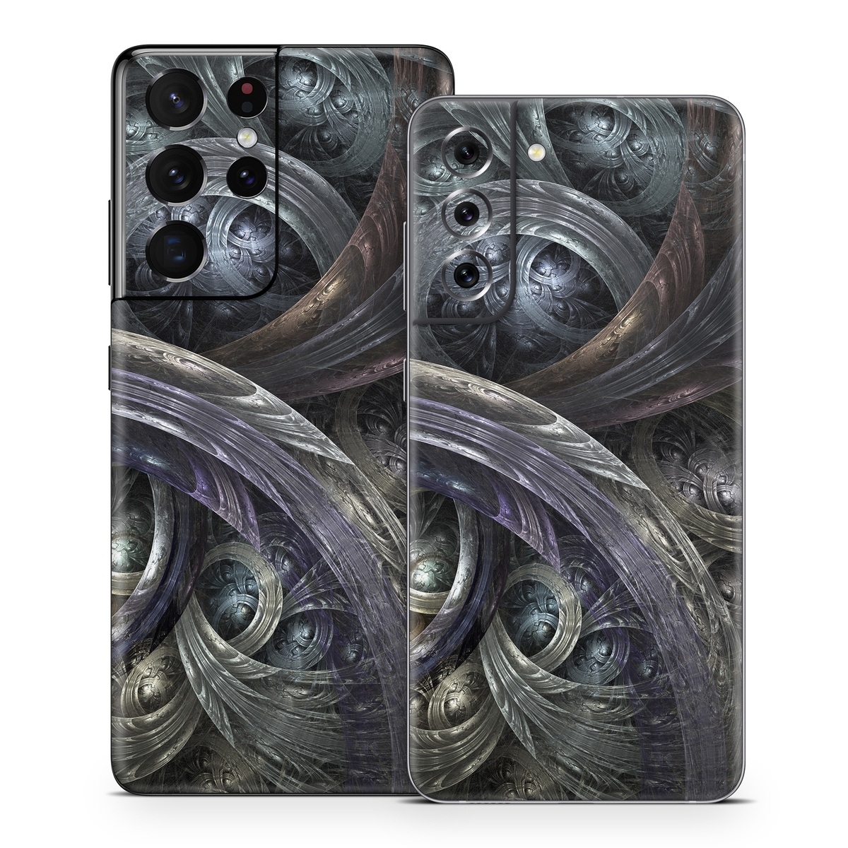 Samsung Galaxy S21 Series Skin design of Fractal art, Graphic design, Art, Cg artwork, Darkness, Circle, Pattern, Illustration, Graphics, Metal, with black, gray, blue colors