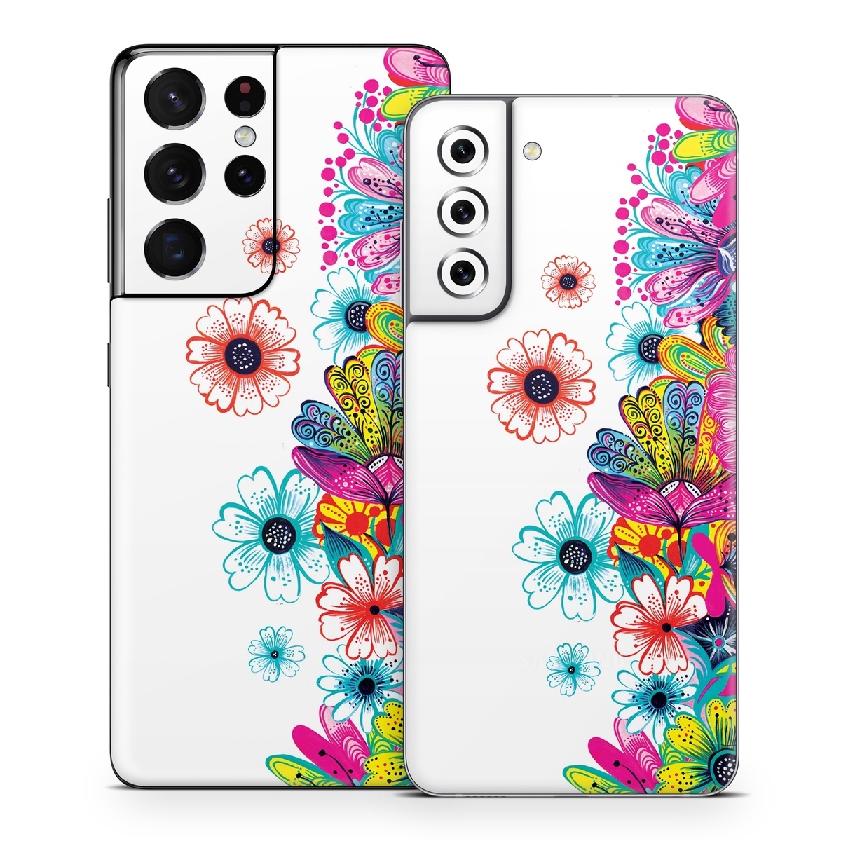 Samsung Galaxy S21 Series Skin design of Pattern, Floral design, Design, Graphic design, Flower, Wildflower, Plant, Graphics, Clip art, Visual arts, with white, pink, blue, yellow, purple, red colors