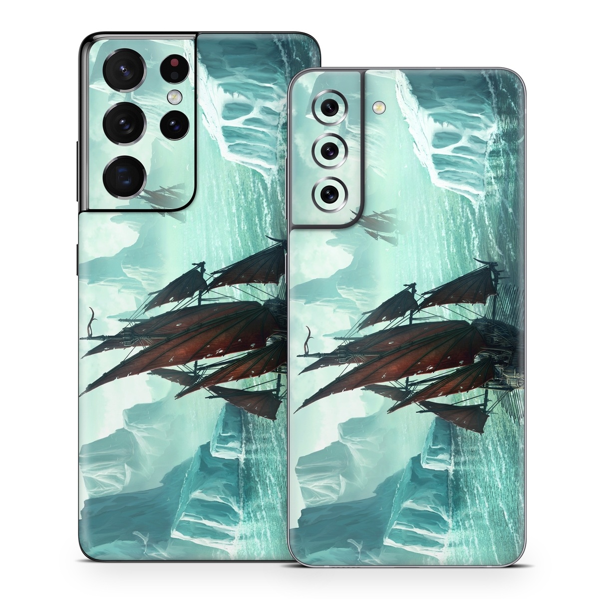 Samsung Galaxy S21 Series Skin design of Cg artwork, Vehicle, Ghost ship, Manila galleon, Fluyt, Adventure game, First-rate, Sailing ship, Mythology, Strategy video game, with gray, black, blue, green, white colors