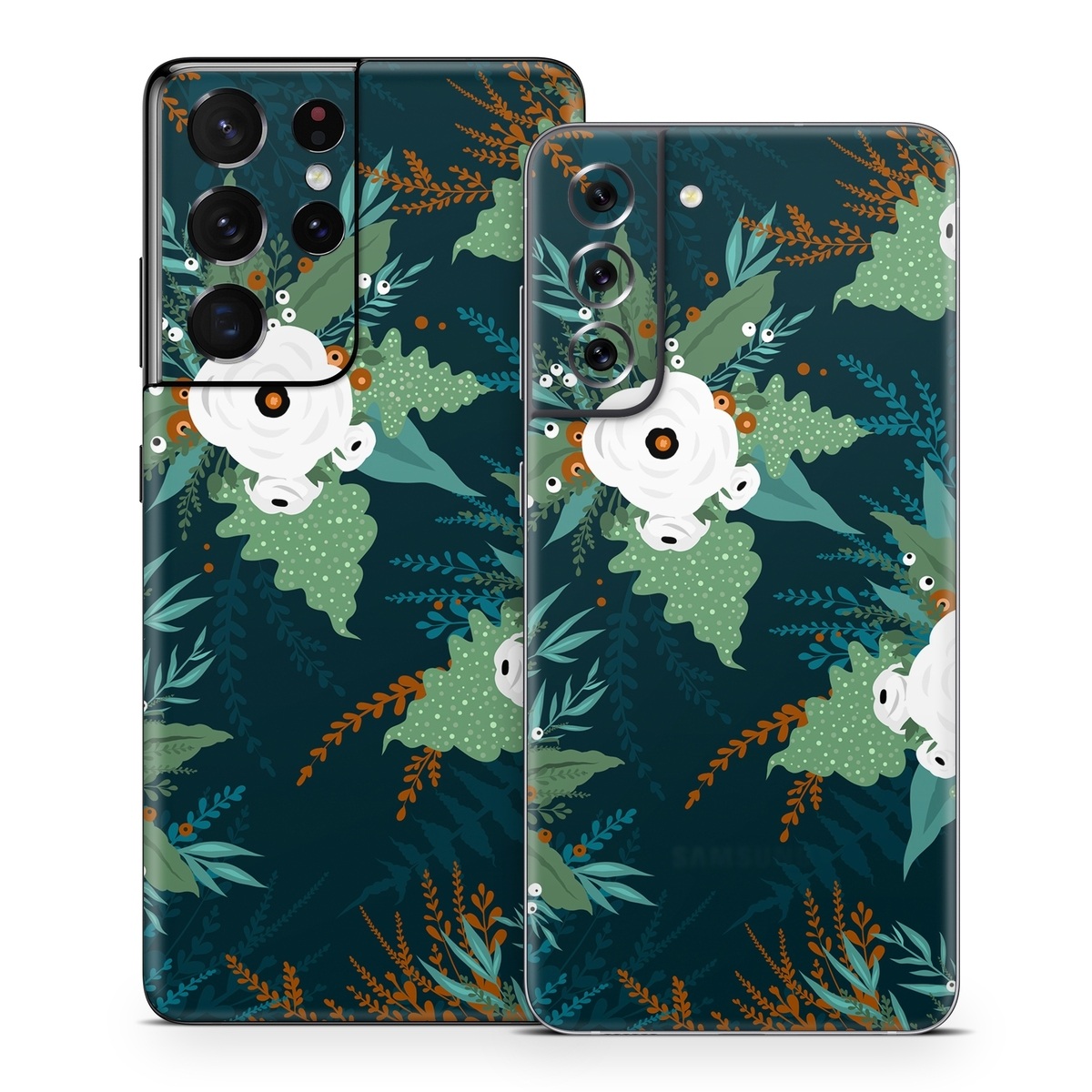 Samsung Galaxy S21 Series Skin design of Pattern, Branch, Tree, Illustration, Design, Plant, Textile, Art, Visual arts, Space, with green, white, red, blue colors