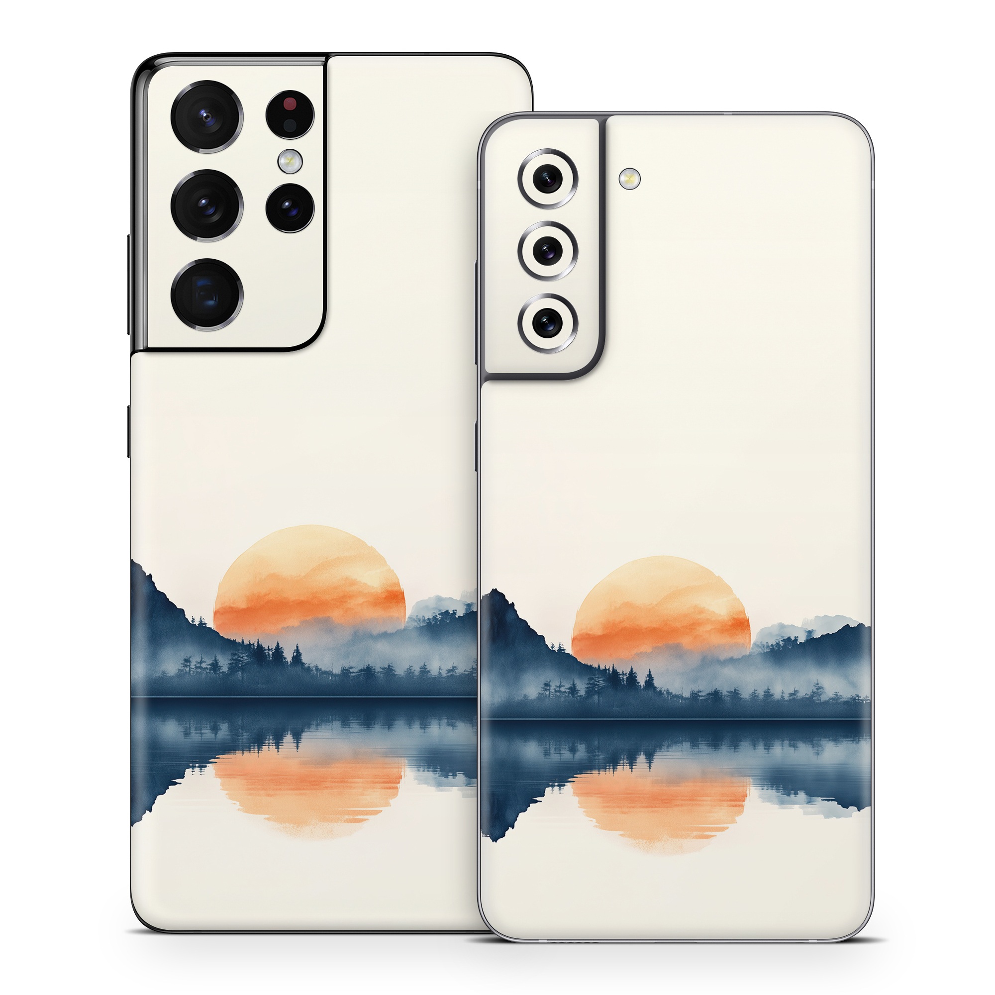 Samsung Galaxy S21 Series Skin design of Water, Water resources, Sky, Mountain, Natural landscape, Lake, Atmospheric phenomenon, Landscape, Horizon, Afterglow, with black, blue, white, gray, yellow, orange, red colors
