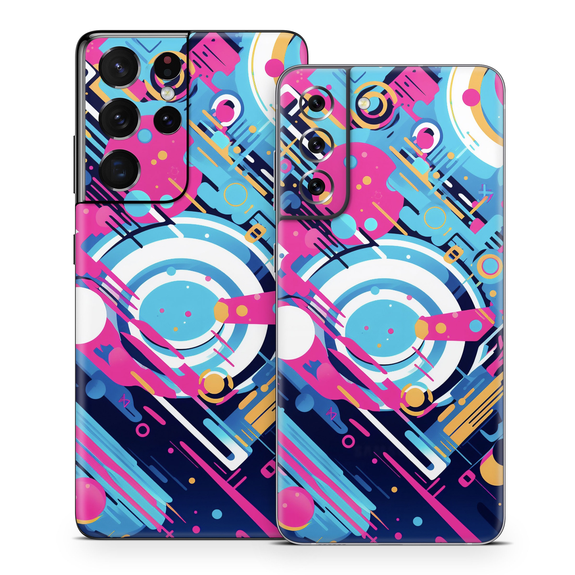 Samsung Galaxy S21 Series Skin design of Colorfulness, Font, Line, Material property, Art, Magenta, Pattern, Electric blue, Circle, Graphics, with blue, pink, black, white, orange colors