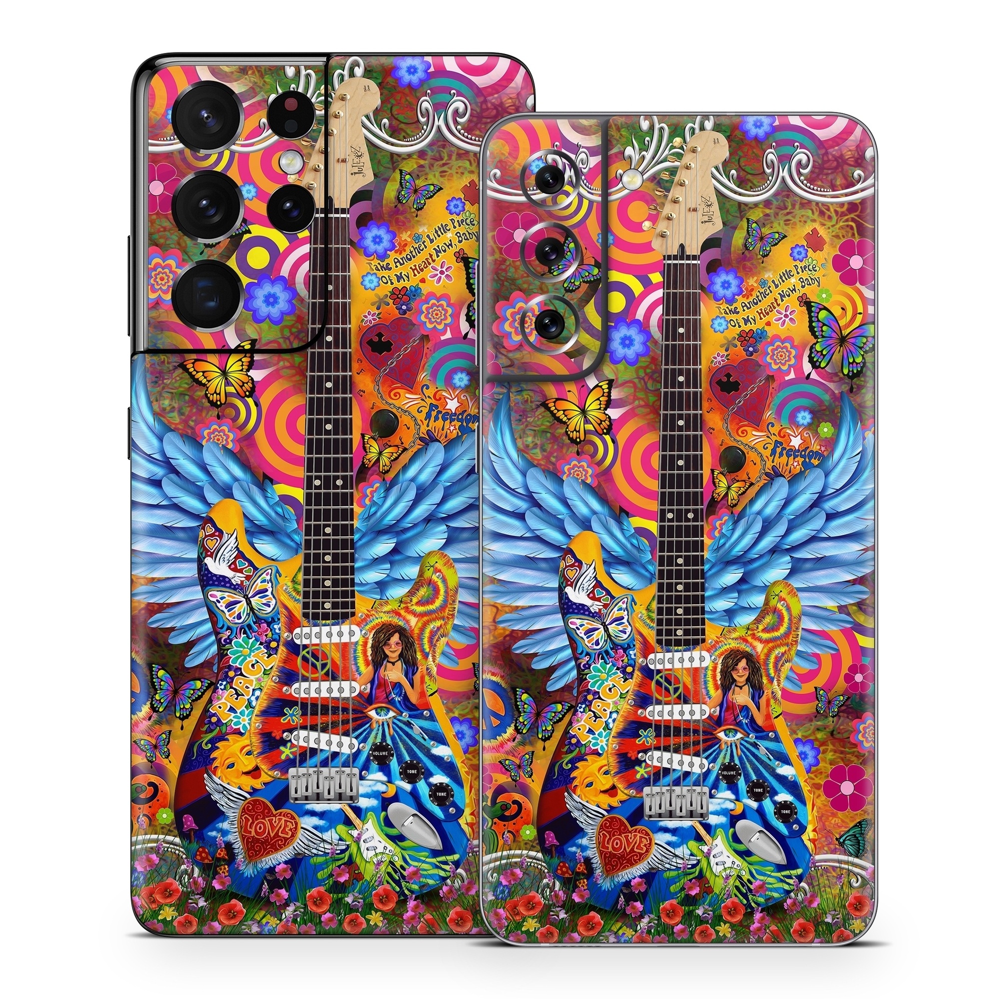 Samsung Galaxy S21 Series Skin design of Musical instrument, Guitar, Guitar accessory, Textile, Organism, String instrument, Plucked string instruments, String instrument accessory, Art, Font, with red, yellow, orange, pink, black, white, blue, brown, green colors