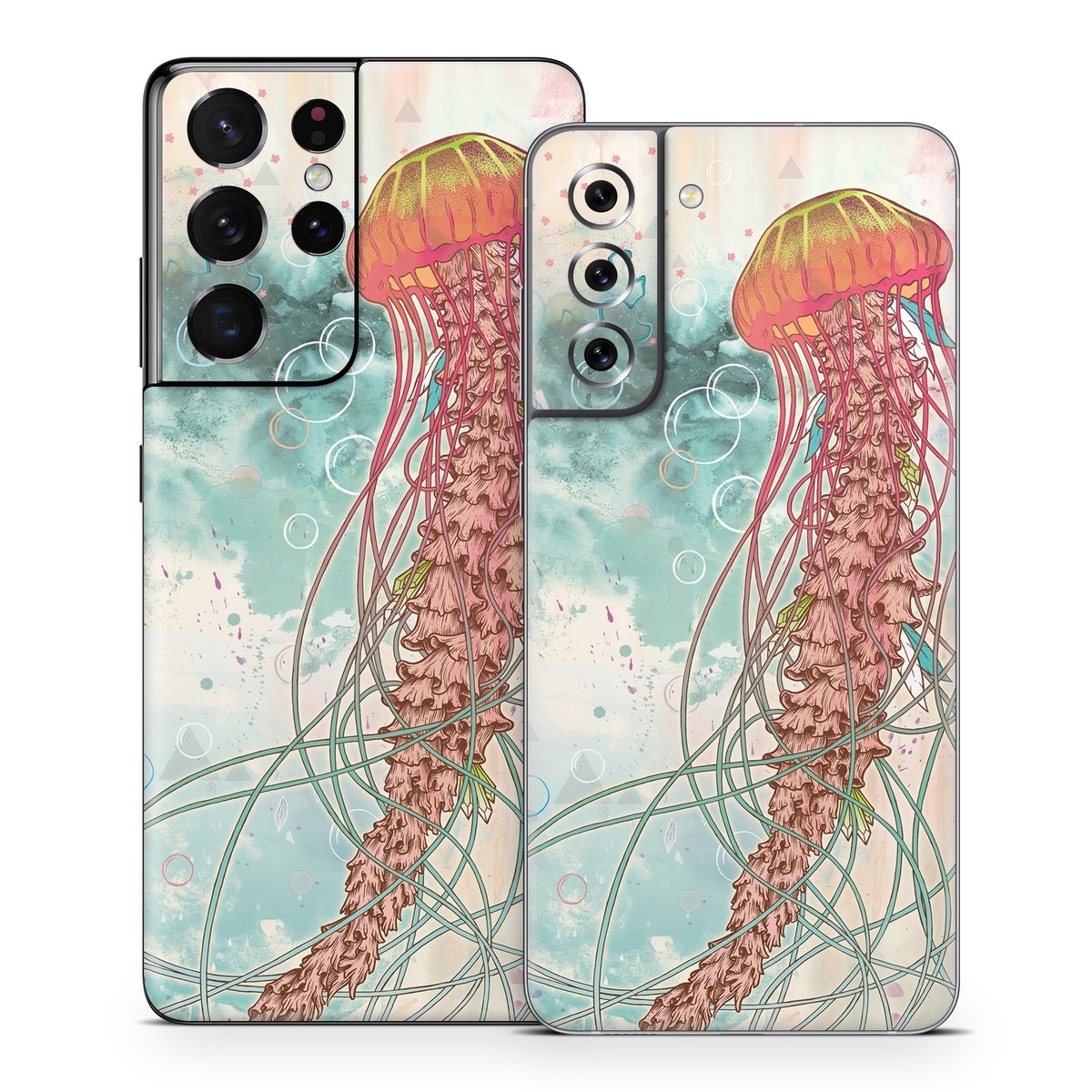 Samsung Galaxy S21 Series Skin design of Jellyfish, Illustration, Water, Cnidaria, Marine invertebrates, Organism, Portuguese man o' war, Art, Nepenthes, Invertebrate, with gray, pink, yellow, red, green colors