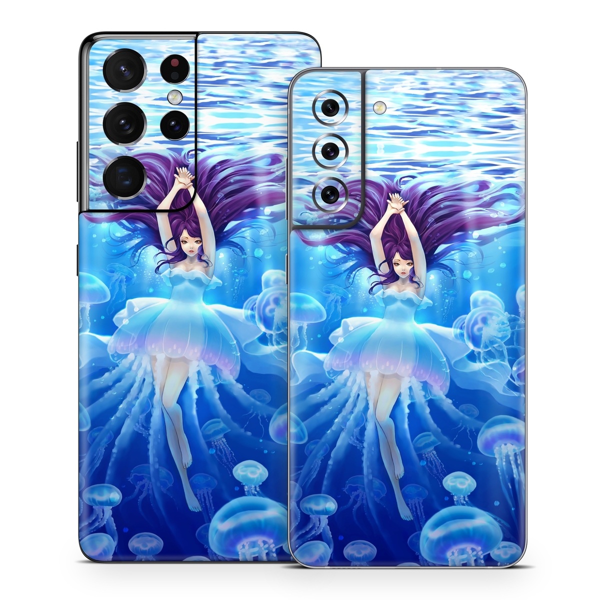 Samsung Galaxy S21 Series Skin design of Jellyfish, Cnidaria, Organism, Marine biology, Marine invertebrates, Water, Bioluminescence, Illustration, Electric blue, Fictional character, with blue, purple, gray colors