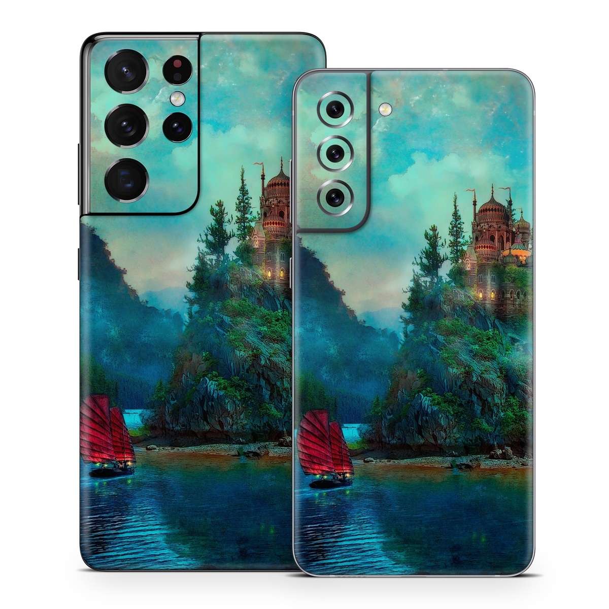 Samsung Galaxy S21 Series Skin design of Nature, Natural landscape, Sky, Painting, Landscape, Illustration, Watercolor paint, Art, Calm, Water castle, with black, gray, blue, green colors