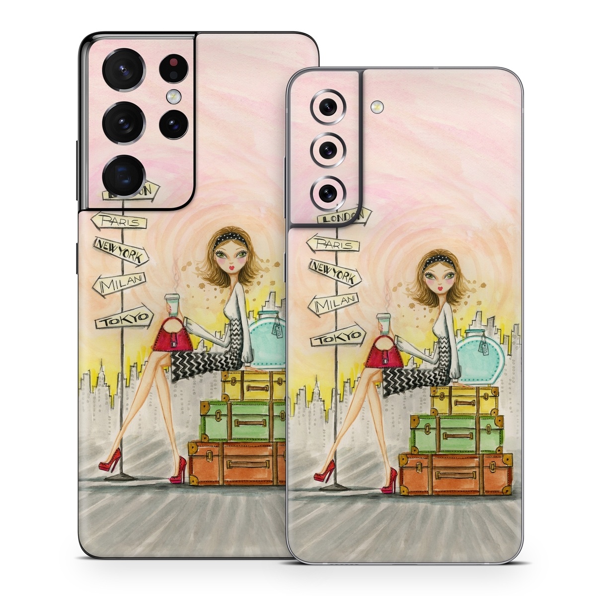 Samsung Galaxy S21 Series Skin design of Cartoon, Illustration, Art, Watercolor paint, with gray, pink, green, red, black colors
