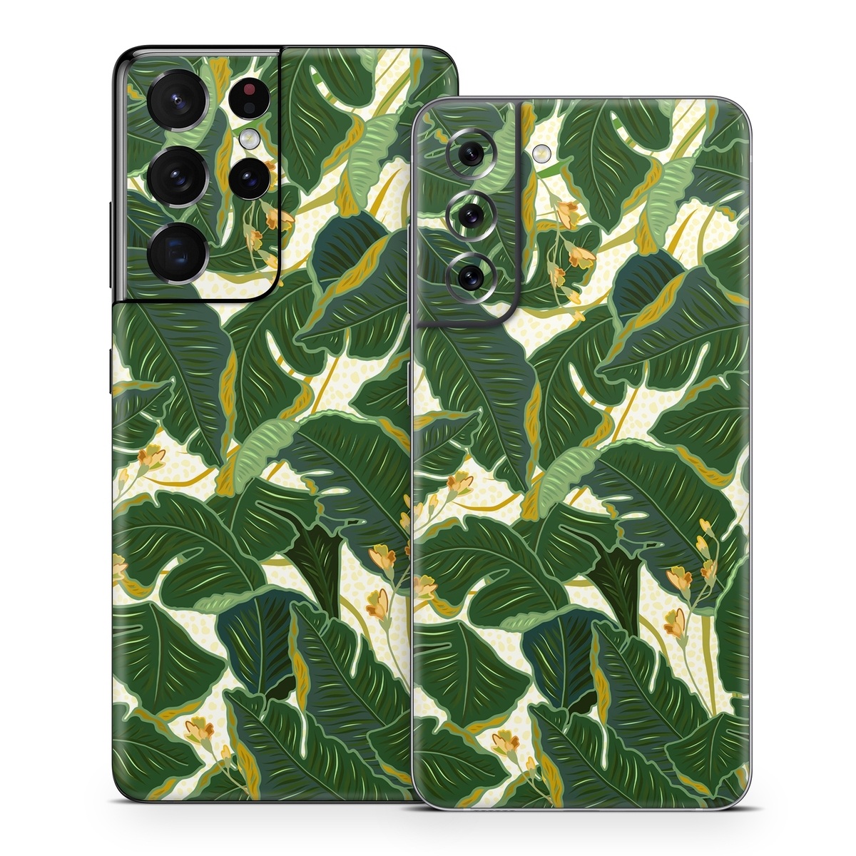 Samsung Galaxy S21 Series Skin design of Leaf, Plant, Flower, Pattern, Botany, Tree, Design, Flowering plant, Arrowroot family, Terrestrial plant, with green, yellow colors